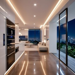 Modern white apartment with city view at night