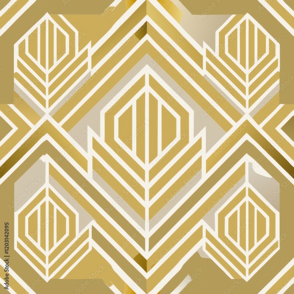 Poster a geometric pattern featuring interlocking shapes in gold and white tones, creating a modern and ele
