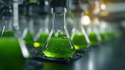 Laboratory beakers with vibrant biofuel liquid in modern scientific research setting