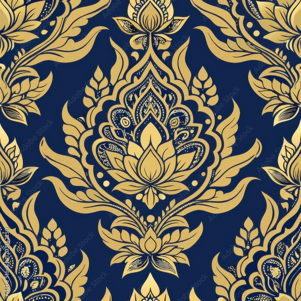 Wall mural A stunning gold and navy floral damask pattern featuring intricate lotus designs and elegant foliage.