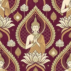 Obraz premium A serene pattern featuring Buddha figures and lotus flowers, set against a rich, burgundy background, symbolizing peace and spirituality.