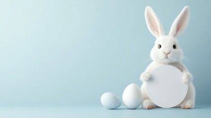 Cute white rabbit with eggs on pastel background, perfect for Easter-themed projects or a whimsical touch on seasonal designs.