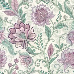 A beautifully detailed floral pattern featuring large blossoms and intricate leaves in soft pastel shades on a light background.