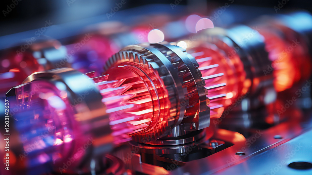 Poster innovative machinery showcasing intricate gears and vibrant colors in an industrial setting emphasiz
