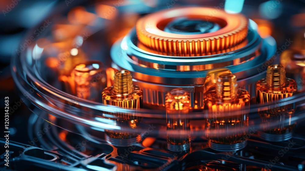 Aufkleber detailed close-up of intricate mechanical components with glowing orange accents showcasing modern e