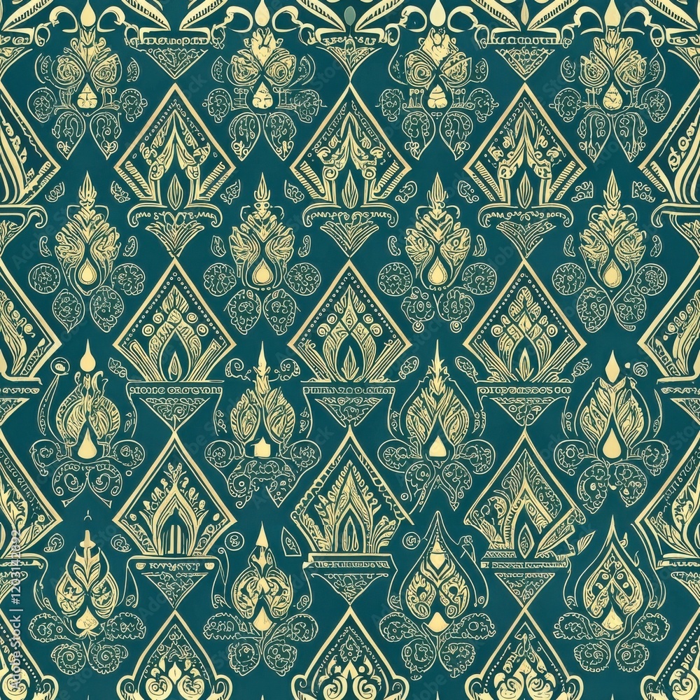 Wall mural A repeating pattern featuring intricate gold designs on a teal background, showcasing traditional motifs that evoke elegance and cultural artistry.