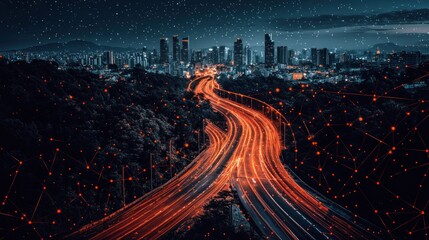 Connected highway through city at night with network overlay