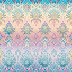 A vibrant, intricate floral pattern with a gradient of soft colors, blending blues, pinks, and golds for a decorative effect.
