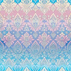 A vibrant, patterned textile design featuring intricate floral motifs in pastel pink and blue gradients.