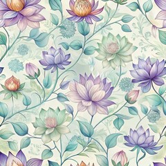 A colorful floral pattern featuring various lotus flowers in shades of purple, pink, and green, intertwined with delicate leaves on a soft background.