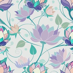 A vibrant floral pattern featuring lotus flowers in shades of purple and pastel colors against a soft background.