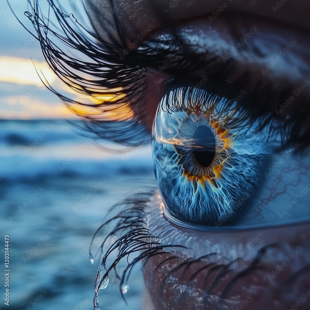 Poster macro shot of an eye with a reflection of the ocean and distant waves.
