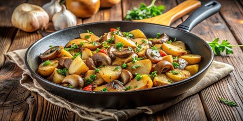 Sizzling pan with saut?ed potatoes and mushrooms in a savory sauce , german, cooking,  german, cooking