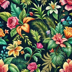 A vibrant floral pattern featuring a variety of colorful flowers and lush greenery on a dark background.