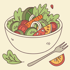 A vibrant salad bowl with scattered vegetables and a fork