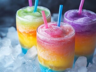 Vibrant rainbow frozen drinks playfully arranged on ice. AI Generated