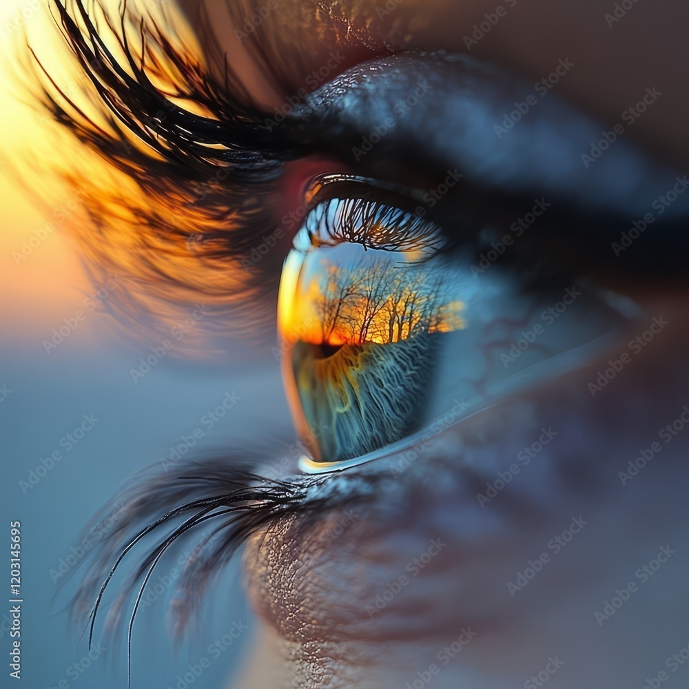 Poster macro shot of an eye with a reflection of the ocean and distant waves.