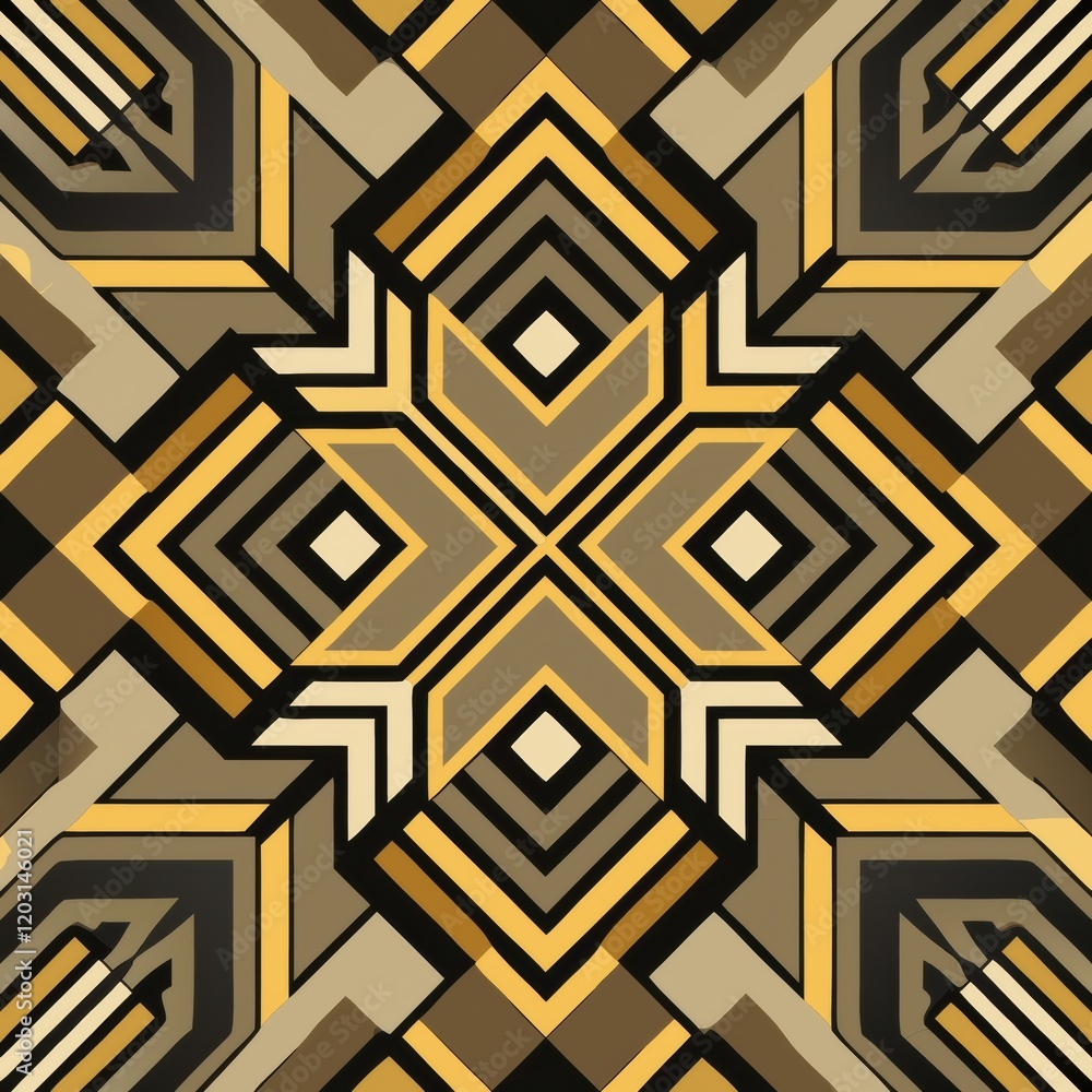 Poster a symmetrical geometric pattern featuring layered shapes in earthy tones of brown, beige, and gold, 