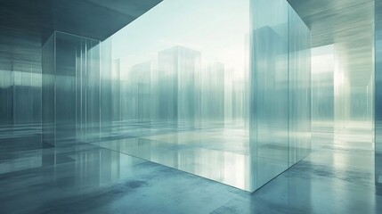 Serene teal light bathes minimalist glass architecture interior. AI Generated