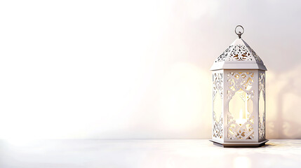 Fototapeta premium white aesthetic Ramadan background with a lantern, Holy Ramadan Kareem concept,