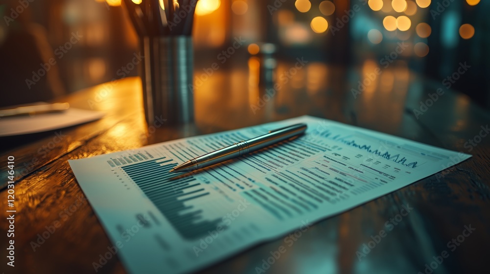 Aufkleber analytical report on financial data with pen and bokeh background