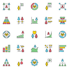 World Population Icons. Thin Line Vector Icons for Population Analysis, Mortality, Longevity, Education, Employment, Gender Diversity, Family Dynamics, and Migration.