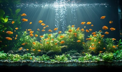 Planted aquarium; orange fish swim among green plants.