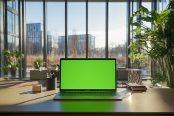 Fototapeta premium Modern Office Workspace with Computer and Green Screen in a High-Rise Building