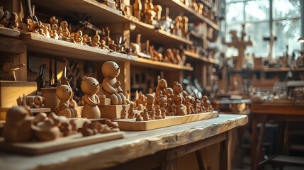 Fototapeta premium Wooden Crafts Workshop with Handcrafted Toys and Figurines