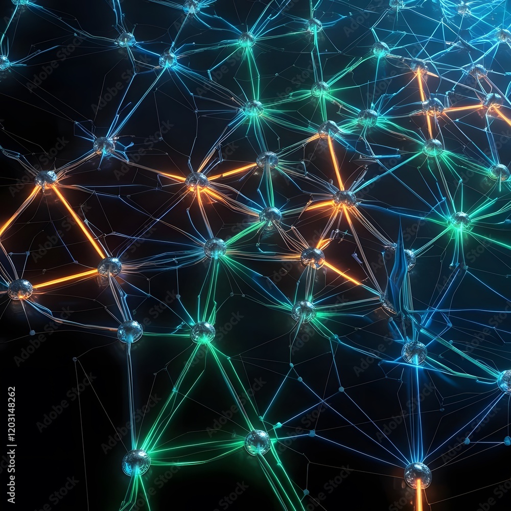 Poster neural network connection system with glowing nodes in orange green blue