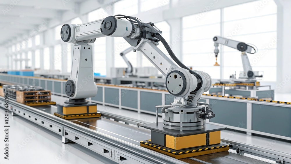 Poster a robotic arm on a conveyor system in a modern industrial setting, showcasing automation and efficie