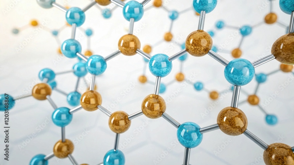 Poster a close-up image of a molecular structure showcasing interconnected atoms, with blue and gold sphere