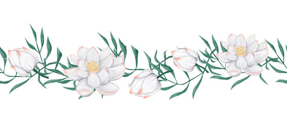 Seamless Watercolor Tropical Border with White and Pink Flowers Water Lily, Fragile Elegant Branches with Thin Leaves, for Design Print, Web, Textile, Scotch and other Products