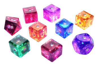 Colorful translucent dice positioned in an artistic arrangement on a light background