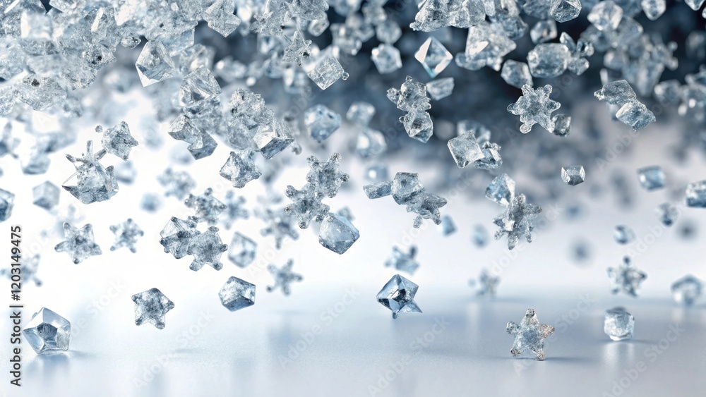 Poster a mesmerizing cascade of sparkling crystals resembling snowflakes, creating a glimmering effect on a