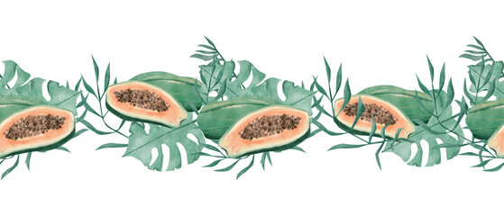 Seamless Watercolor Tropical Border with Juicy Ripe Papaya Slice Fruits, Lush Exotic Foliage, for Design Print, Web, Textile, Scotch and other Products