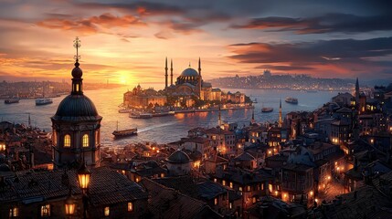 Fototapeta premium Panoramic sunset view of istanbul’s iconic cityscape and landmark