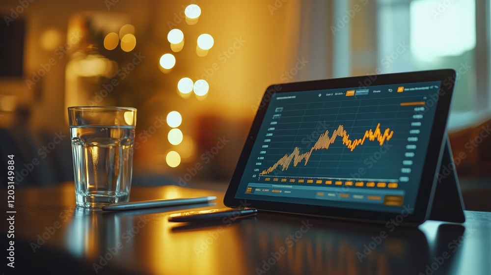 Poster digital tablet displaying financial graphs in warm indoor setting