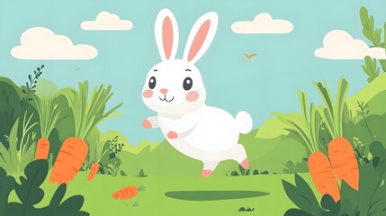 Fototapeta premium Adventurous rabbit leaping over carrots in a lush garden landscape whimsical animation scene