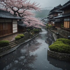 Create a vibrant anime-style wallpaper featuring a beautiful Japanese village town on a rainy day. 