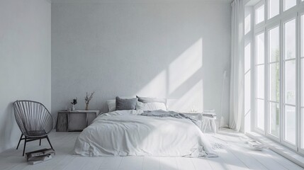 Minimalist Bedroom Interior with White Bedding and Large Window