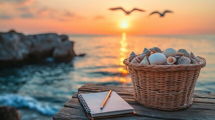 Fototapeta premium Scenic Sunset Over Ocean With Seashells and Notepad on Wood Table