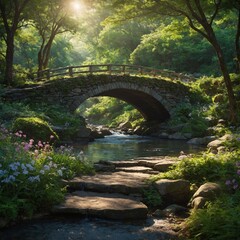 A serene anime-style wallpaper featuring a stone bridge nestled in a lush forest. 
