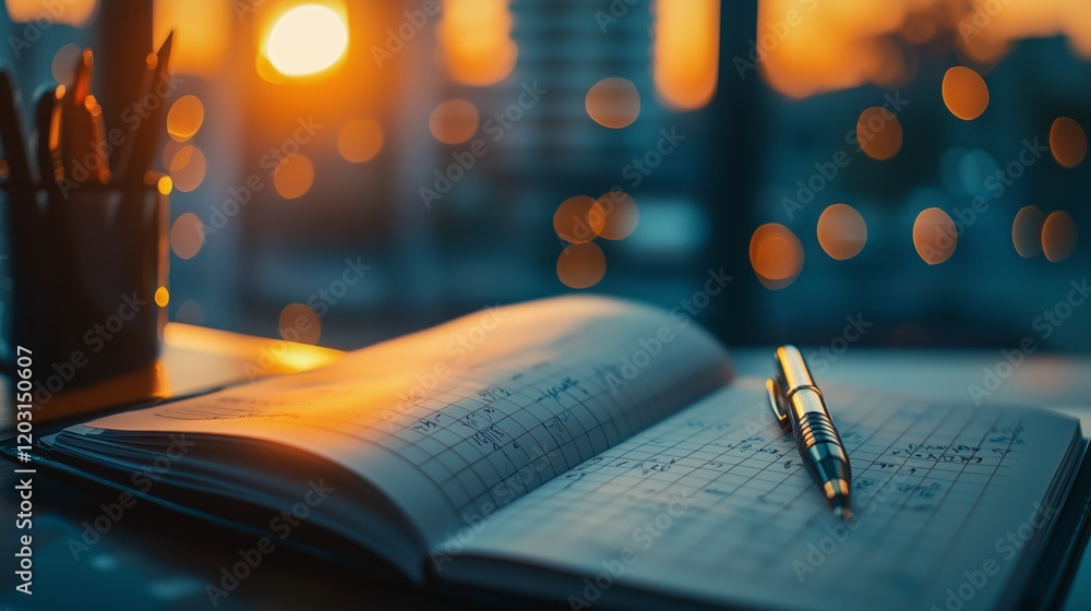 Poster sunrise over desk with open notebook and pen in soft focus