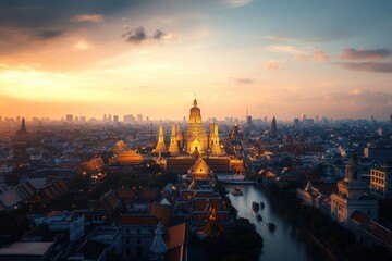 Fototapeta premium Panoramic cityscape of bangkok's grand palace landmark views