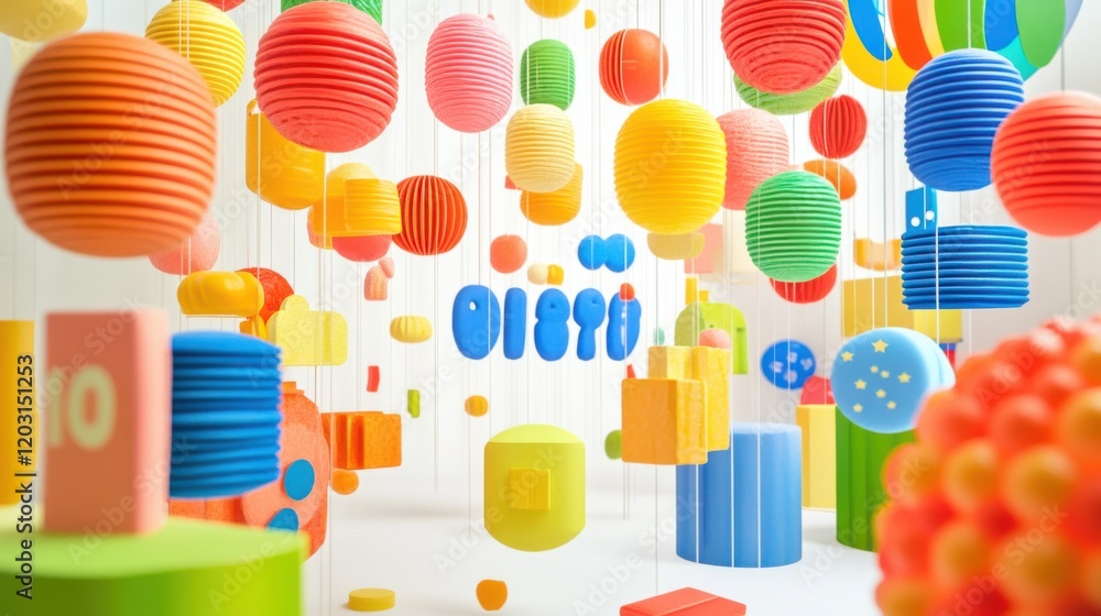 Poster colorful abstract scene with hanging paper lanterns and geometric shapes in a playful environment