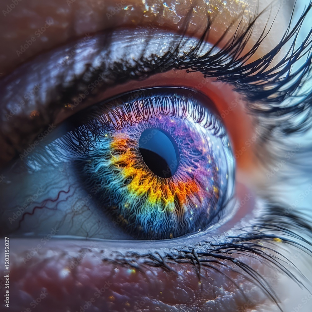 Poster macro shot of an eye with vivid reflections of trees and nature