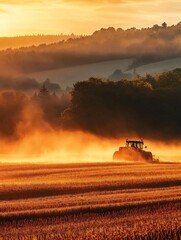 Fototapeta premium Golden Hour Tractor Harvesting Dramatic Sunset Field. AI Generated