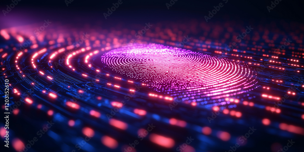 Poster digital fingerprint composed of luminous dots on a dark background illustrating technology, data enc
