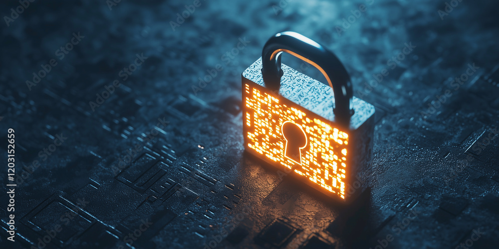 Poster digital padlock with glowing circuitry on a dark textured background symbolizing data security, cybe